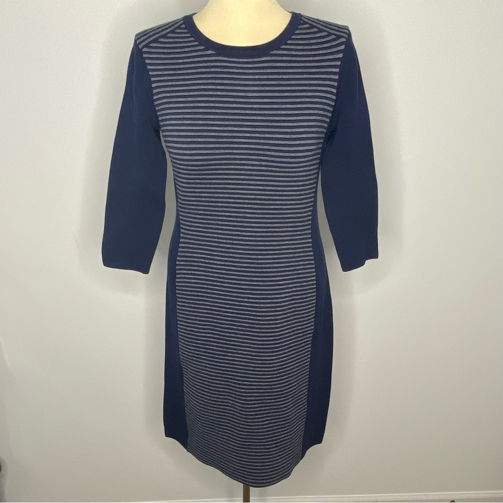 J. McLaughlin Darla Ottoman 3/4 Sleeve Navy and Grey Striped Sweater Dress